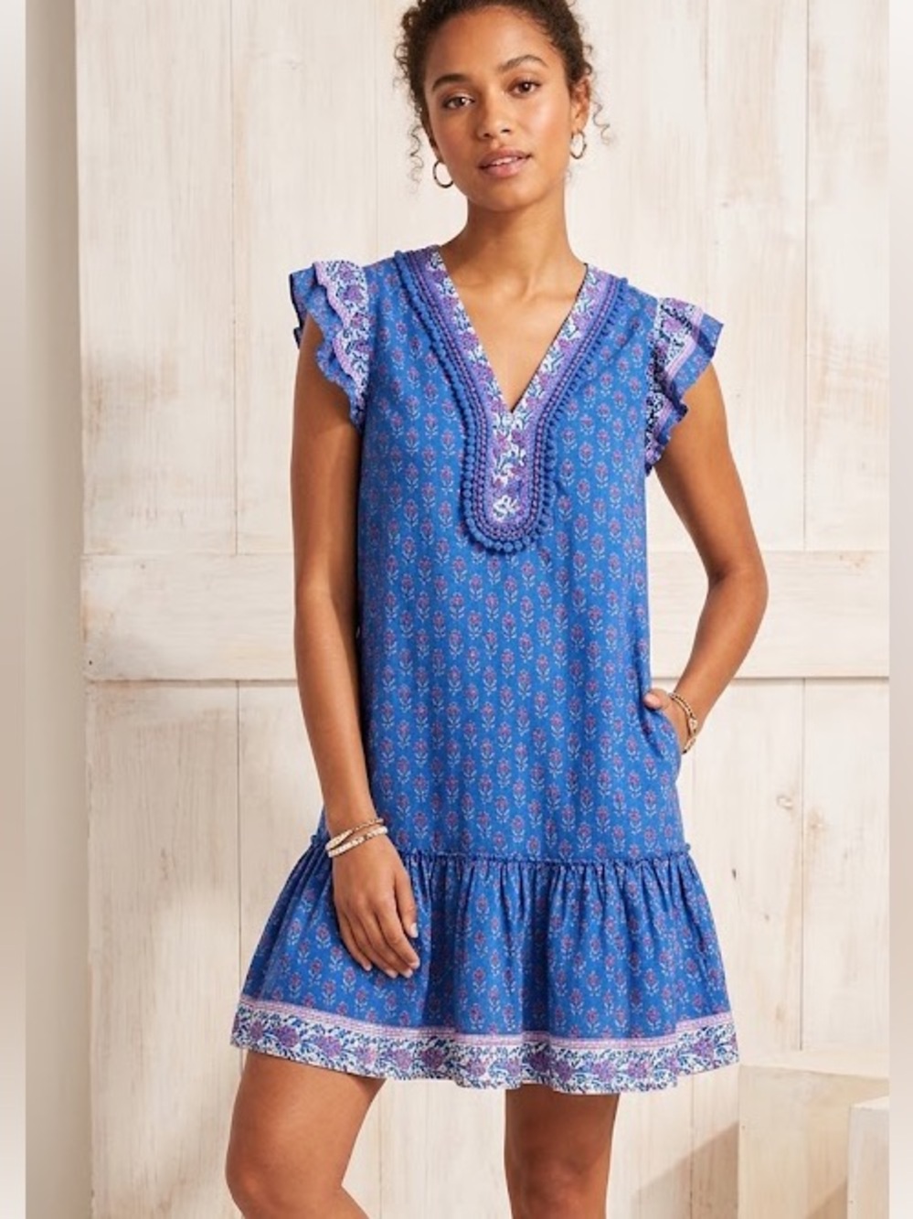 Vineyard Vines Floral Blue Women's Printed Flutter Sleeve Dress